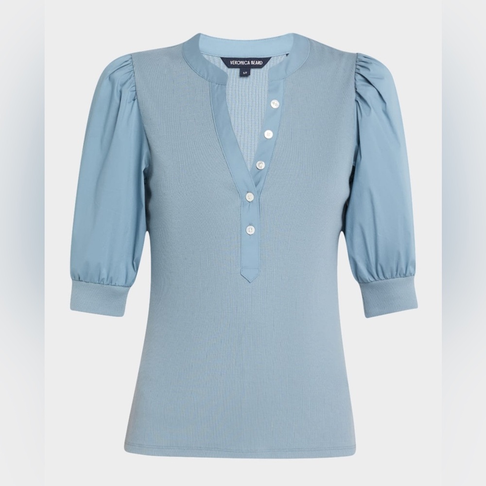 Veronica Beard Coralee Puff Sleeve Button-Front Top in Lake Mist - Picture 4 of 5